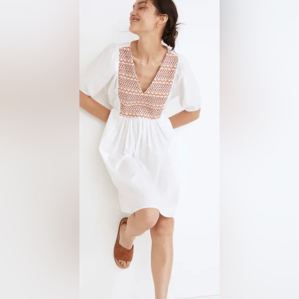 Madewell Embroidered Poplin V-Neck Mini White Rust Puff Sleeve Large boho
